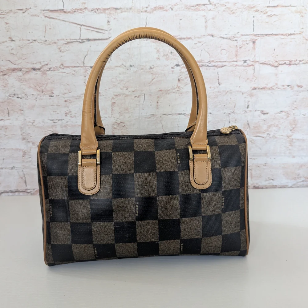 Fendi Pequin Boston Checkered Tan and Black Women's Handbag - Picture 5 of 12